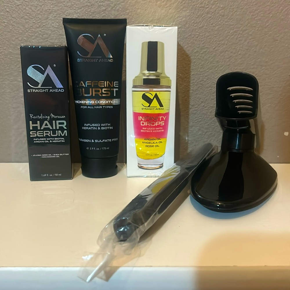 2 hair serums, thickening conditioner, straightener stand, and styling comb!